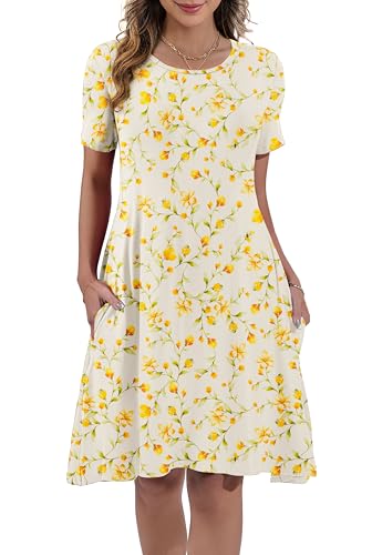 Image of REGAI Womens Summer Dresses Casual Loose Tshirt Crew Neck Floral Short Sleeve Flowy Pockets Sundresses, Floral White 202509, 2XL