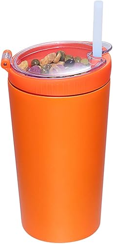 Vaso de aperitivos con tapa y pajita, taza de café de viaje 2 en 1 aislada de acero inoxidable, botella de agua con taza de aperitivo (naranja, 16