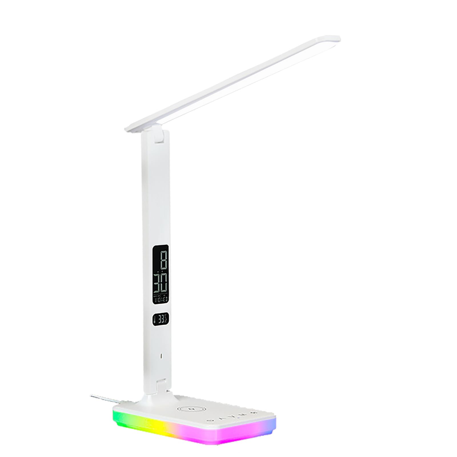 Lampada da tavolo a LED con ricarica wireless e cablata, lampada da tavolo pieghevole, 5 luminosità e 3 modalità di illuminazione, visualizzazione ora e temperatura, luce notturna RGB