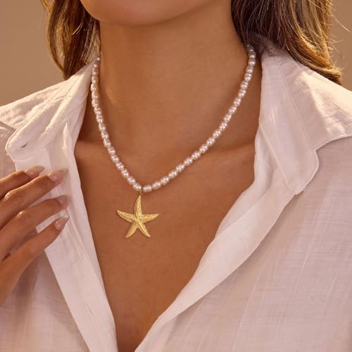 Starfish Necklace for Women Gold Sea Shell Pendant Pearl Choker Necklaces Trendy Summer Beach Jewelry for Women Gift3