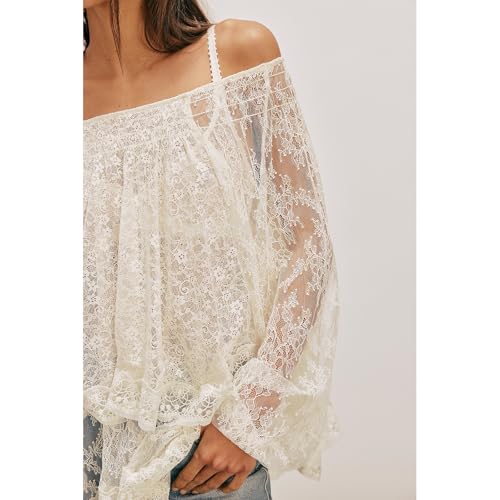 Women Sheer Lace Long Sleeve Tops Off Shoulder Lantern Sleeves Tiered Lace Solid Color See Through Tee Shirts4