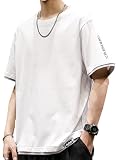 [Bligo] 五分袖 tシャツ メンズ 厚手 夏服 大きいサイズ Tシャツ 無地 ゆったり 丸襟 切り替え カジュアル おしゃれ tshirt for men 軽やか オシャレ カットソー てぃーしゃつ トップス White-2XL