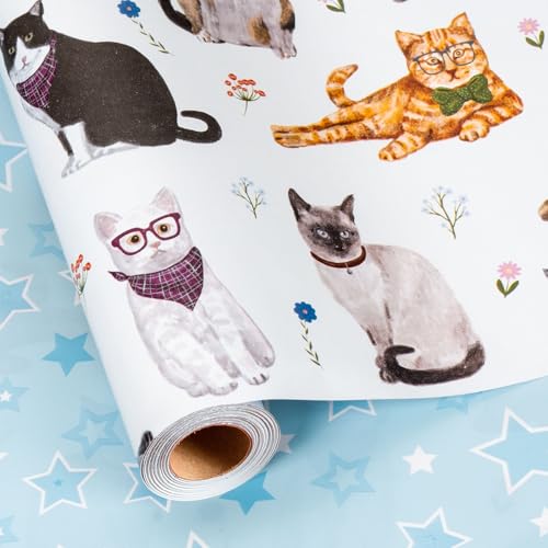 Burymento White Lovely Cat Wrapping Paper Reversible Blue Star Gift Wrap for Birthday Valentines Mothers day Graduation Wedding Fathers day Baby Shower Christmas (17in x 16.4ft)