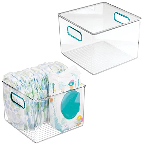 mDesign Cajas infantiles de plástico para el armario o la estantería – Caja de almacenaje alta con asas y sin tapa – Organizador de juguetes, pañales, peluches y más – Juego de 2 – transparente y azul