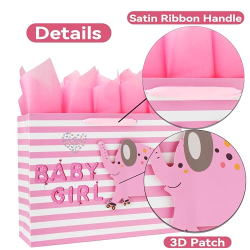 Image of 16.5 inch Extra Large Baby Girl Gift Bag Set with Handles, Greeting Card, Pink Tissue Papers and Stickers for Baby Shower, Newborn, New Moms or Parents, Kids Birthday Party, 3D Elephant Design, 1 Pcs