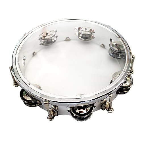 Tissting Tambourine, 13in Metal Silver Hand Held Drum Adjustable Tone Double Row Jingles Hand Clapping Drummer Percussion Tambourine for Musical Performance