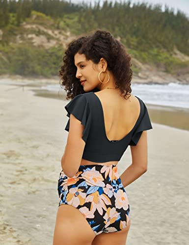 Maternity Bikini Flounces Sleeves + Elastic Briefs 2Pcs Swimsuits Black Flower Xxl #TOP1