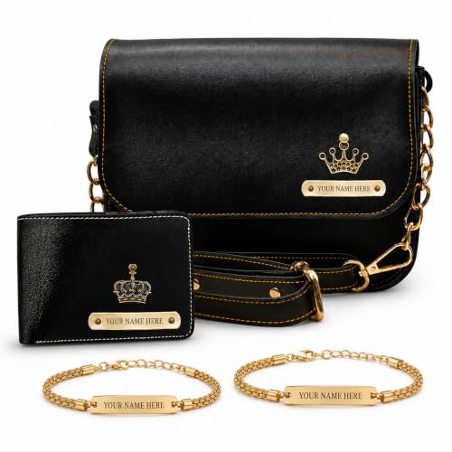 Image of SAVRI Personalized Rakshabandhan Gift for Bhaiya & Bhabhi | Customized Leather Wallet & Sling Bag with Name & Charm | Set of 2 Personalized Chain Rakhis with Name | Couple Gift for Anniversary & Rakhi