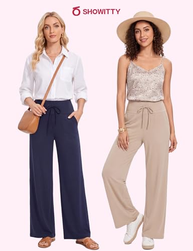 Image of Showitty 1 /3 Pack Women's Wide Leg Pants with Pockets, Casual Loose Pajama Palazzo Trousers Sweatpants for Yoga Lounge