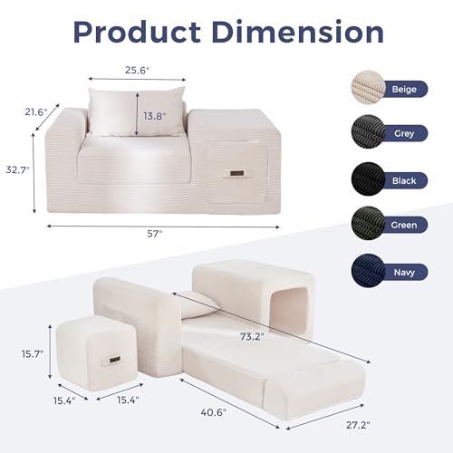 Image of MAXYOYO Folding Sofa Couch, Convertible Floor Sofa with Armrest, Multifunctional Sofa with Pillow and Pockets, Boneless Couch for Living Room, Beige