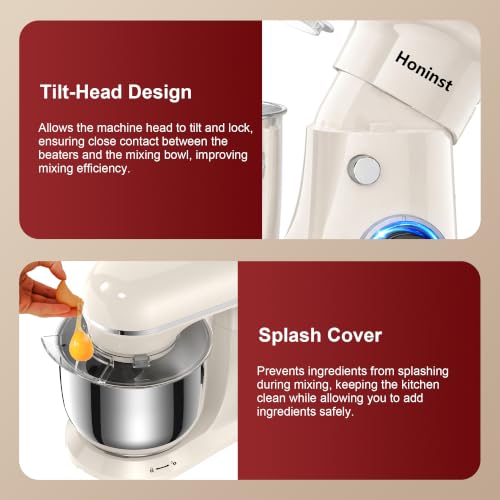 Image of Honinst 4QT Electric Stand Mixer, 10-Speed Tilt-Head Compact Kitchen Mixer | Multiple Stylish Colors | Food mixer with Dough Hook & Beater & Whisk | for Cake & Bread | Dishwasher-Safe | Beige