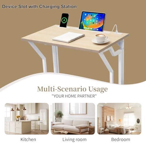 24"Wx 28"H Folding TV Tray for Eating, Foldable TV Dinner Table, Side Table Slide Under Couch, C-Shaped End Table with Devices Slot & Charging Stations, Small TV Tray for Living Room, Bedroom(Natural) - image 7
