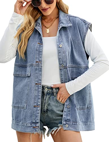 Zontroldy Denim Jean Vest for Women Oversized Sleeveless Button Down Denim Jean Vest Waistcoat Shacket Jacket (0170-Blue-L)