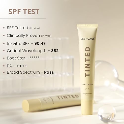 Image of Seekcaus Tinted Sunscreen SPF 50 PA++++ for Men & Women | Broad Spectrum UVA UVB & Blue Light Protection | Non-Sticky Non-Greasy Water & Sweat Resistant | No White Cast | Dermatologist Tested | Suitable for All Skin Types | 50 g