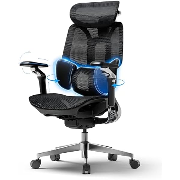 Hbada E3 Pro Edycja 2026 Ergonomiczne Krzesło Biurowe, Ergonomiczny Fotel Siatkowy z 3-strefowym Pływającym Wsparcie Lędźwiowym, Zagłówek 4D, Podłokietniki 720° (czarna jak smoła)