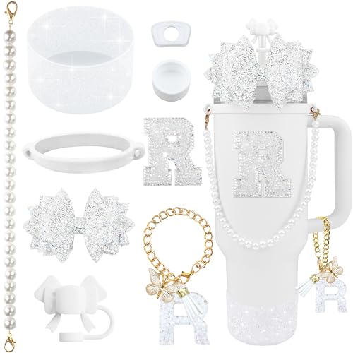 Hpebl 9PCS White for Stanley Cup Accessories Set Bling Initials Bow Charms for Stanley Decorations 30/40 Oz Tumbler Accessories Including Bow Straw Topper, Handle Strap, Spill Stopper（Letter R） - image 1