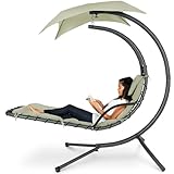 Best Choice Products Outdoor Hanging Curved Steel Chaise Lounge Chair Swing w/Built-in Pillow and Removable Canopy - Sage