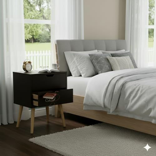 Image of Modern Wooden Bedside Table with 2 Drawers | Compact Night Stand Side Table for Bedroom Living Room | Space Saving Storage Furniture with Sturdy Legs (Brown, 2 Drawer)