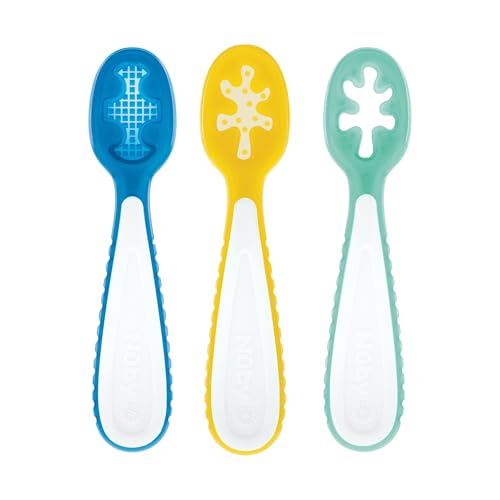 Nuby 3-Stage Baby's First Spoons Set - 3 Pack - 6+ Months - Baby Spoons with Easy Grip Handle - Encourages Self-Feeding - Cobalt/Lemon/Sage