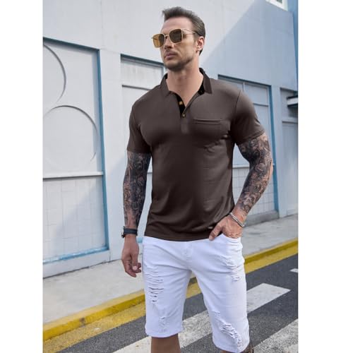 Image of Men's Short Sleeve Polo Shirts Buttons Collared T Shirts with Pocket | Moisture-Wicking,Soft Stretch Fabric, Lightweight,Structured Collar,Business Casual, Golf, Office,All-Day Comfort