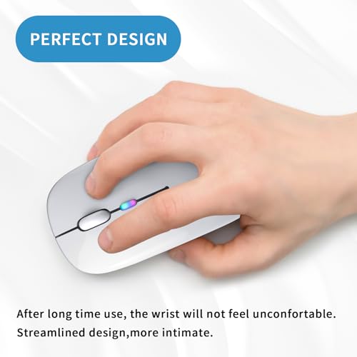 Image of Wireless Bluetooth Mouse, Rechargeable, LED, Silent, Ultra-thin Design (Bluetooth 5.2 and 2.4GHz USB Receiver) | Portable Computer Mouse for Laptops, iPads, MacBooks and Apple Devices (Silver)