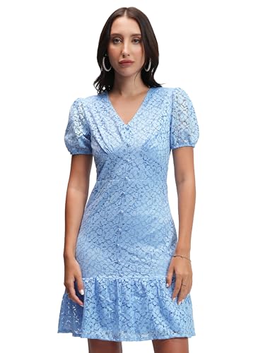 Image of Tokyo Talkies Women's Graceful Self-Design A-Line Flared Dress with Puff Sleeves Chic & Playful for Any Occasion