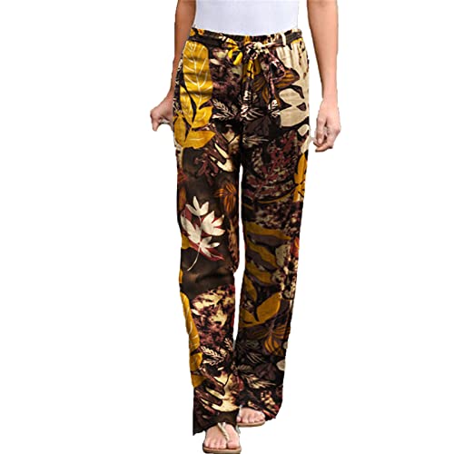 Maiyifu-GJ Women Floral Print Linen Belted Pants Elastic High Waist Printed Hippie Trousers Casual Beach Wide Leg Lounge Pant (Yellow 2,3X-Large)