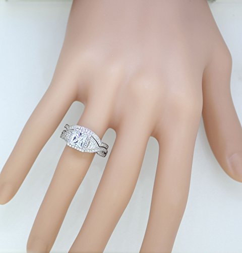 Sterling Silver Engagement Rings for Women with Princess Cut Cubic Zirconia Twisted Shank 2 Pieces Set3