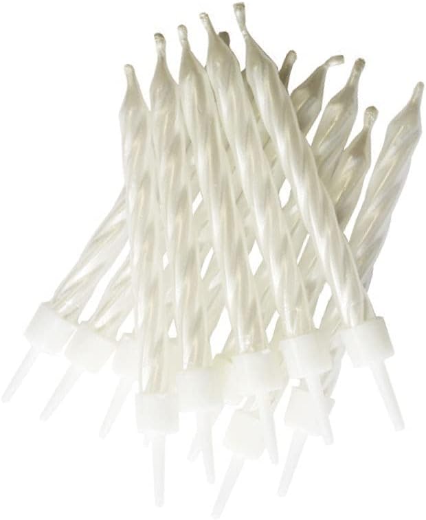 Anniversary House Pack of 12 Pearlescent White Spiral Birthday Candles with Holders, 7.5cm, Celebration Cake Decoration, Cake Candles, AHC184