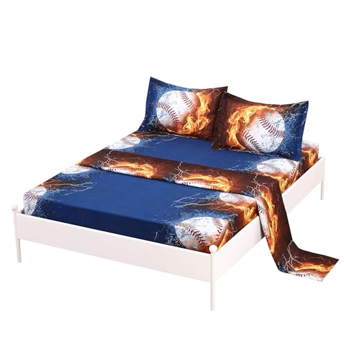 SDIII 4PCS Baseball Sheets Full, Bed in a Bag Baseball Bedding Sheet Set, Soft Microfiber, Wrinkle and Fade Resistant, Sports Sheets for Boys Girls Kids Teens on Amazon, Full