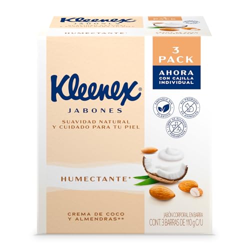 Kleenex Jabones Humectante con Crema de Coco y Almendras, Suavidad Natural, Libre de Sulfatos y Parabenos, 3 Barras de 110g