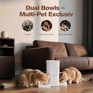 Distributore Automatico Cibo Gatti 2 Ciotole: 5L Distributore Automatico Cibo Cane con Timer WiFi 2.4G per Crocchette - Design Doppia Ciotola per Famiglie con Più Gatti & Cani - Bianco