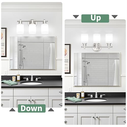 Image of 3-Light Bathroom Vanity Light Fixture, Brushed Nickel Compact Vanity Light with White Frosted Glass Shades for Mirror, Bathroom, Living Room, Modern Style, E26 Base, 16 Inch