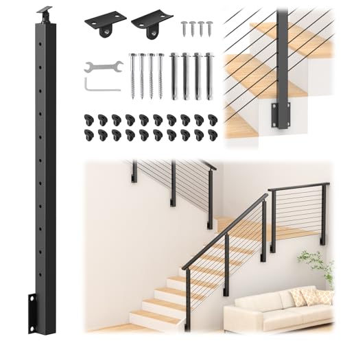 Image of 36 inch Right Side Mount Stair Cable Railing Post for 25-35 Degrees Stair, Stainless Steel Single Black Coated Fascia Mount Post for Cable Railing Kit, Indoor Outdoor Use, MY09-S