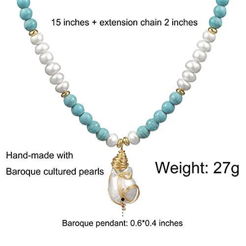 Cowlyn Baroque Pearl Pendant Necklace Turquoise Chain 18K Gold Wire Winding Handmade Bohemian Style Adjustable Charm Fashion Valentine Jewelry For Women Girl Mom #TOP3