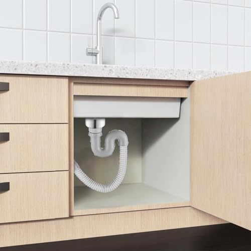 Image of HASTHIP Kitchen Sink Drain Pipe Kit with Universal Fit (3.35 inch-4.33 inch), Stainless Steel Drain Flange U-Shaped P-Trap, Water Retaining Lid, Anti-Clog & Anti-Odor, Robust Flange, for Home Use