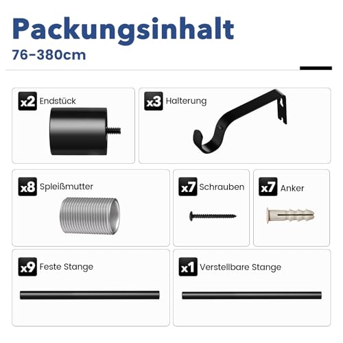 Gardinenstange Schwarz 76-380 cm Vorhangstange Ausziehbar 19 mm Durchmesser für Schlafzimmer, Wohnzimmer oder Küche von GEEBOBO