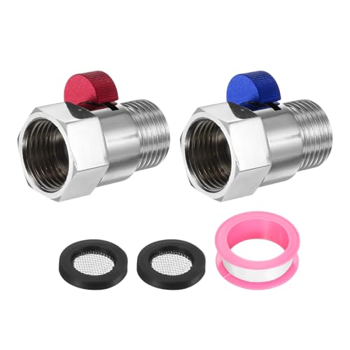 sourcing map Juego de 2 válvulas de cierre de ducha G1/2 pulgadas hembra x macho, válvula de control de flujo de agua de latón para cabezal de ducha con restrictor de flujo de manguera, rojo/azul