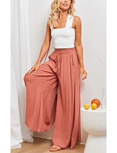 Women's Wide Leg Palazzo Maxi Flowy Pants Elastic High Waist Casual Drawstring Lounge Culotte with Pocket4