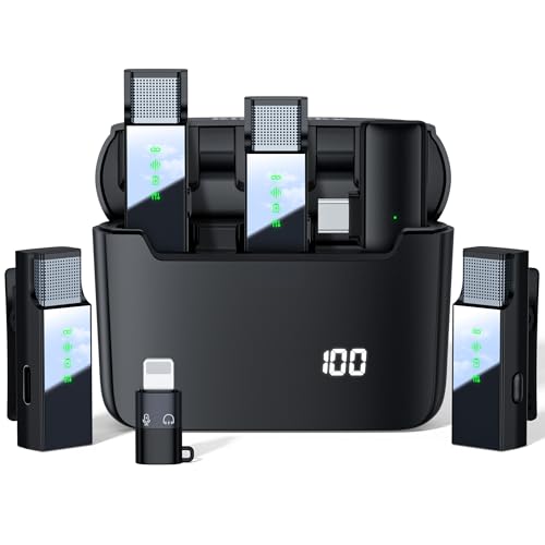 Kinglucky Wireless Lavalier Microphone for Android iPhone 15 Type C Smartphone, 4-Channel 4TX Omnidirectional Noise Reduction Mute Function Lapel Mics for Video Recording Interview Live Streaming Vlog