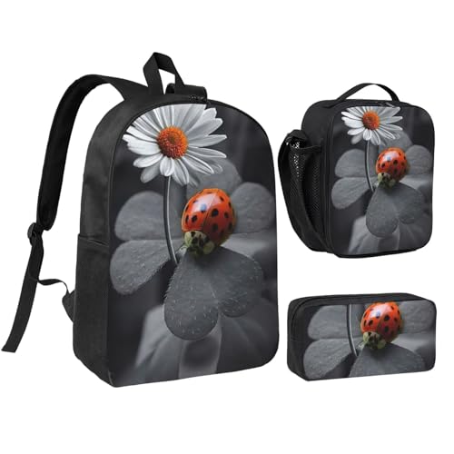 Mochila escolar de mariquitas ligera para libros con estuche y lonchera antiderrame