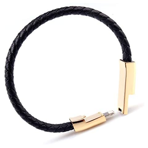 USB Leather Charging Bracelets Portable Braided Wrist Band Bracelet Cable Data Charger Cord for iPhone(Gold Metal+Black Leather) Cover