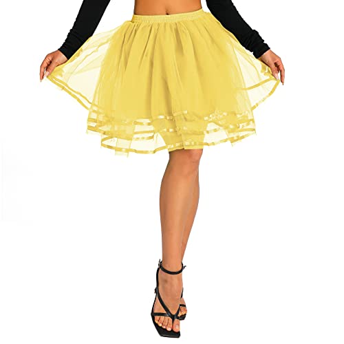 Awoscut Women Girls Mesh Tutu Tulle Skirts with Elastic Wide Waist, Solid Color Multi-Layer Structure Summer Dancer Skirts2