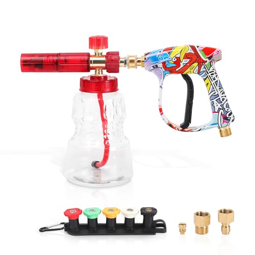 Foam-Cannon-Kit-with-Graffiti-Short-Pressure-Washer-Gun-38-Quick-Connect-M22-15mm-Adapter-Adjustable-Snow-Foam-Bottle-with-14-Quick-Connect-and-5-Nozzle-Tips-for-Car-Wash Foam Cannon Kit with Graffiti Short Pressure Washer Gun 3/8" Quick Connect M22-15mm Adapter Adjustable Snow Foam Bottle with 1/4" Quick Connect and 5 Nozzle Tips for Car Wash - Image 1