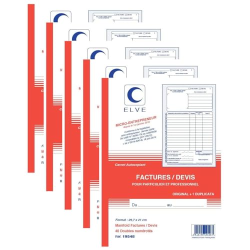 ELVE Lot de 5 Manifolds AUTO-ENTREPRENEUR Factures/Devis A4 40 feuilles Dupli