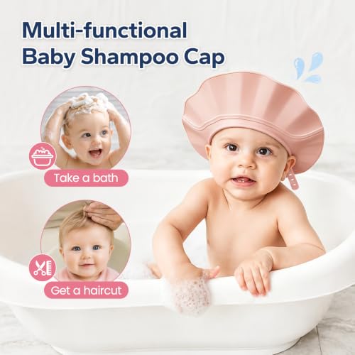 Image of FUNUPUP Baby Shower Cap for Toddlers Kids, Soft TPE Silicone, Dusty Pink | Leakproof & Slip-Resistant & Adjustable Bath Visor Shampoo Shield, Keeps Water Out of Eyes and Ears, Fits 15-24 inch Head Size