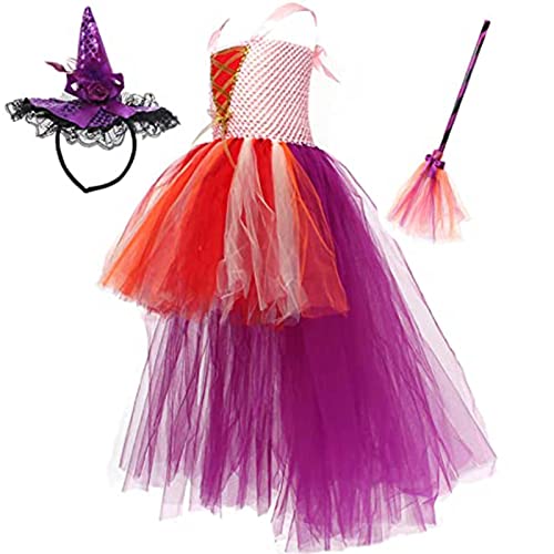 SUTLI Costume de sorcière Orange pour Toute-Petite Fille, Robe de sorcière de fête d'halloween Rose avec Balai, Créez Une Princesse de Conte de fées pour Le Jeu de rôle Cover