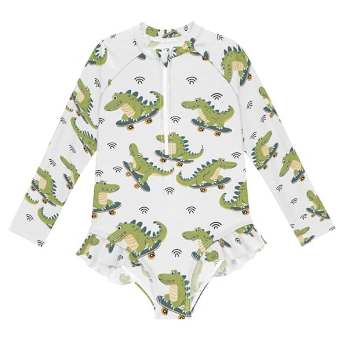 ALAZA Cartoon Crocodile Animal White Girls One Piece Swimsuit Long Sleeve Rash Guard Swimsuits UV 50+ Swimwear Zipper