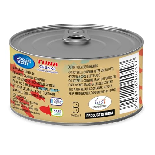 Image of Oceans Secret Tuna Chunks in SunflowerOil with GingerSlice 180gm Pack of 24 Canned Tuna Fish | Balanced Nutrition, Zesty Ginger Flavor, in Sunflower Oil with Ginger Slice, Ready to Eat