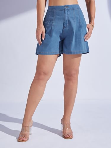 Image of Miss Chase Women's Relaxed Fit Mid Rise Highly Distressed Regular-Length Denim Shorts